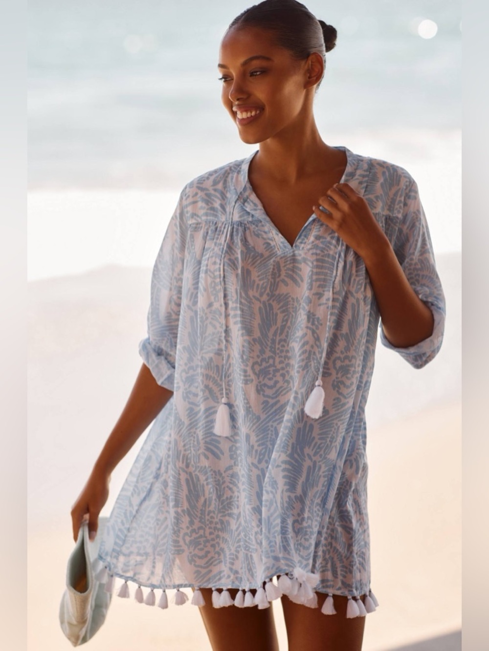 Roller Rabbit Laure Serafina Blue Tunic swim Cover up with tassels 100% cotton - Picture 4 of 5